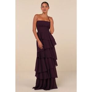 Lulus Gorgeous Essence Dark Purple Strapless Tiered Maxi Dress Wedding Formal M